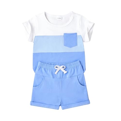 Image of Toddler Boy Clothes Baby Summer Outfit Patchwork Tee Shorts 12M-4T | Soft Patchwork Tee, Pocket Shorts With Stretch Waistband, Breathable For Summer Play, Machine Washable