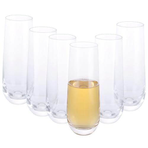 Oungy Lot de 6 flûtes à champagne sans pied en cristal de 280 ml, flûtes à champagne transparentes, flûtes à prosecco, verres à vin pour jardin, mariage,...