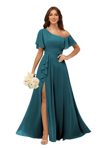 Image of One Shoulder Bridesmaid Dresses for Women with Pockets Short Sleeve Ruffled Chiffon Formal Evening Gowns