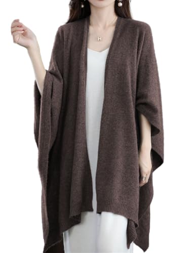 Damen-Strickjacke, Übergröße, 100 % Merinowolle, Poncho, Umhang, Herbst, Winter, offener Pullover, mokkabraun, Einheitsgröße