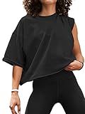 Oversize Workout Crop Shirts for Women Short Sleeve Crewneck Boxy Loose Short Tops Casual Basic Solid T-Shirt Black L