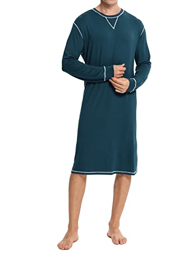 Swomog Men's Nightshirt Long Sleeve Lightweight Big And Tall Mens Modal Loose Comfy Sleep Shirt Blue Green #TOP6