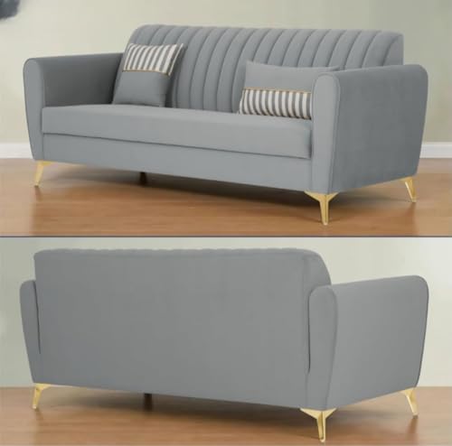 Image of MS Luxury FURNITRE Premium Luster 3-1-1 Sofa Set | Velvet Suede Fabric | 5 Colors and Golden Legs & Striped Pattern Cushion (Grey, 3+1+1)