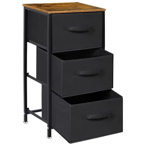Black Chest of Drawer, Bedside Nightstand with 3 Drawers, Rustic Wood Look Top and Fabric Bins Nightstand with Storage Chest Tower for Hallway, Living Room, Office Cover
