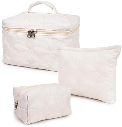 Makeup Bag, 3Pcs Quilted Large Cosmetic Bag, Cotton Travel Makeup...