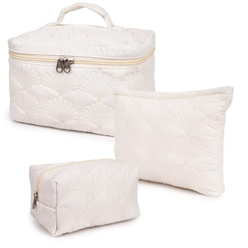 Sarrany White Quilted Makeup Bag, Cute Make Up Bag Organizer whith Shell Pattern, Cotton Cosmetic Bag for Women & Girls, Canvas Lined Pouch, Coquette Organizer purse(White Shell set of 3)