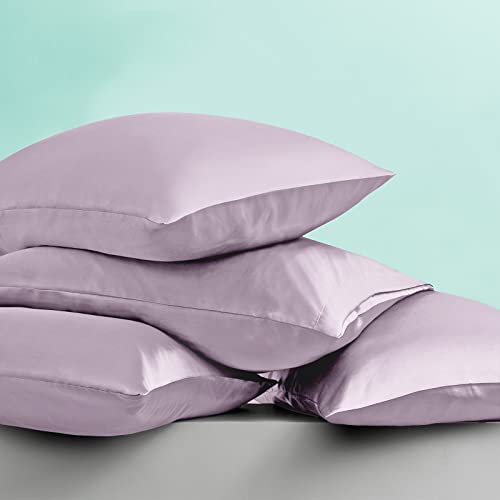 Image of Ersmak 4 Pieces Satin Sheets Set Twin Size, Luxury Silky Lavender Satin Bed Sheets Set with 1 Deep Pocket Fitted Sheet, 1 Soft Flat Sheet, 1 Queen Pillowcases and 1 Body Pillowcase