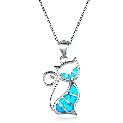LVYAN Mignon Chat Design Imitation Bleu Opale de feu Pendentif Collier pour Femmes Charme Bleu Cristal Strass Collier Bijoux Cadeau Cover