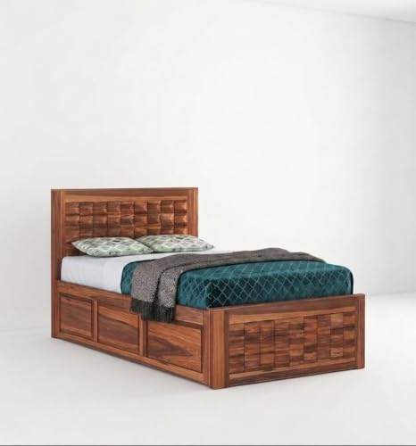 Image of Solid Sheesham Wood Single Size Bed with Storage|Wooden Box Single Size Cot Bed with Storage Box for Home,Bedroom,Hotel,Living Room|3D Diamond Hand-Carved Design Headboard|Honey Finish