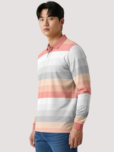 Image of BULLMER White Striped Printed Polo Neck Fullsleeve Tshirt with Rib for Men.