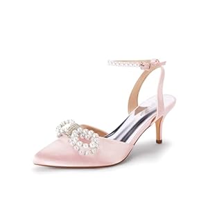 Coutgo Womens Bowknot Heels Pumps Stiletto Closed Pointed Toe Pearl Ankle Strap Wedding Dress Shoes