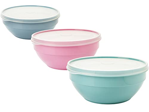 Schüssel mit Deckel 1l, 3er Rührschüssel set, Salatschüssel mit Deckel, Schüssel set aus BPA-frei Kunststoff (PP), Farbe: hell grau, pastell rosa, pastell grün, Transparent Deckel, Made in EU