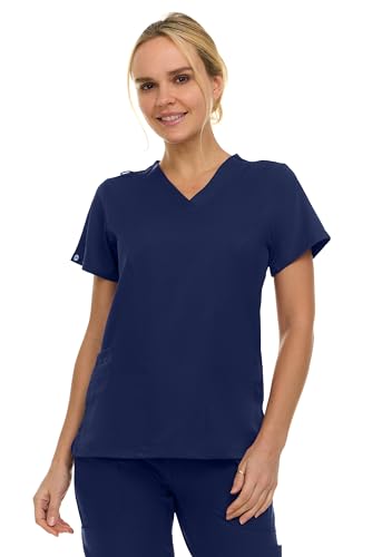 MediChic Women's V-Neck Scrub Top - 3-Pocket, 4-Way Stretch, Comfortable Medical Uniform, Navy Large