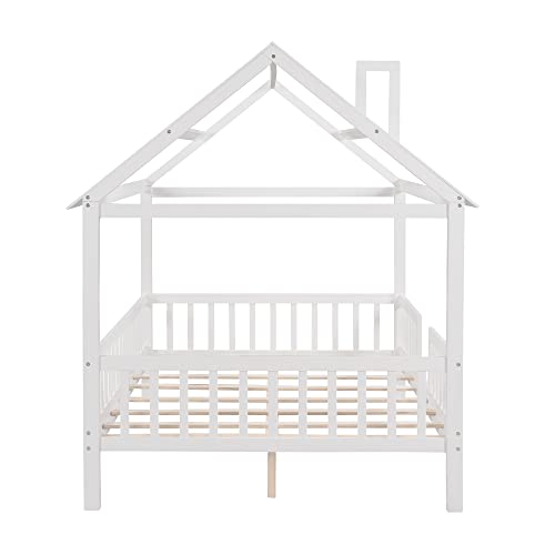 Aocoroe Full Size House Bed Frames For Boys And Girls,Wood Full Bed Frame House-Shaped Canopy Bed Frame With Slats And Surrounding Guard Rails, Full Size #TOP4