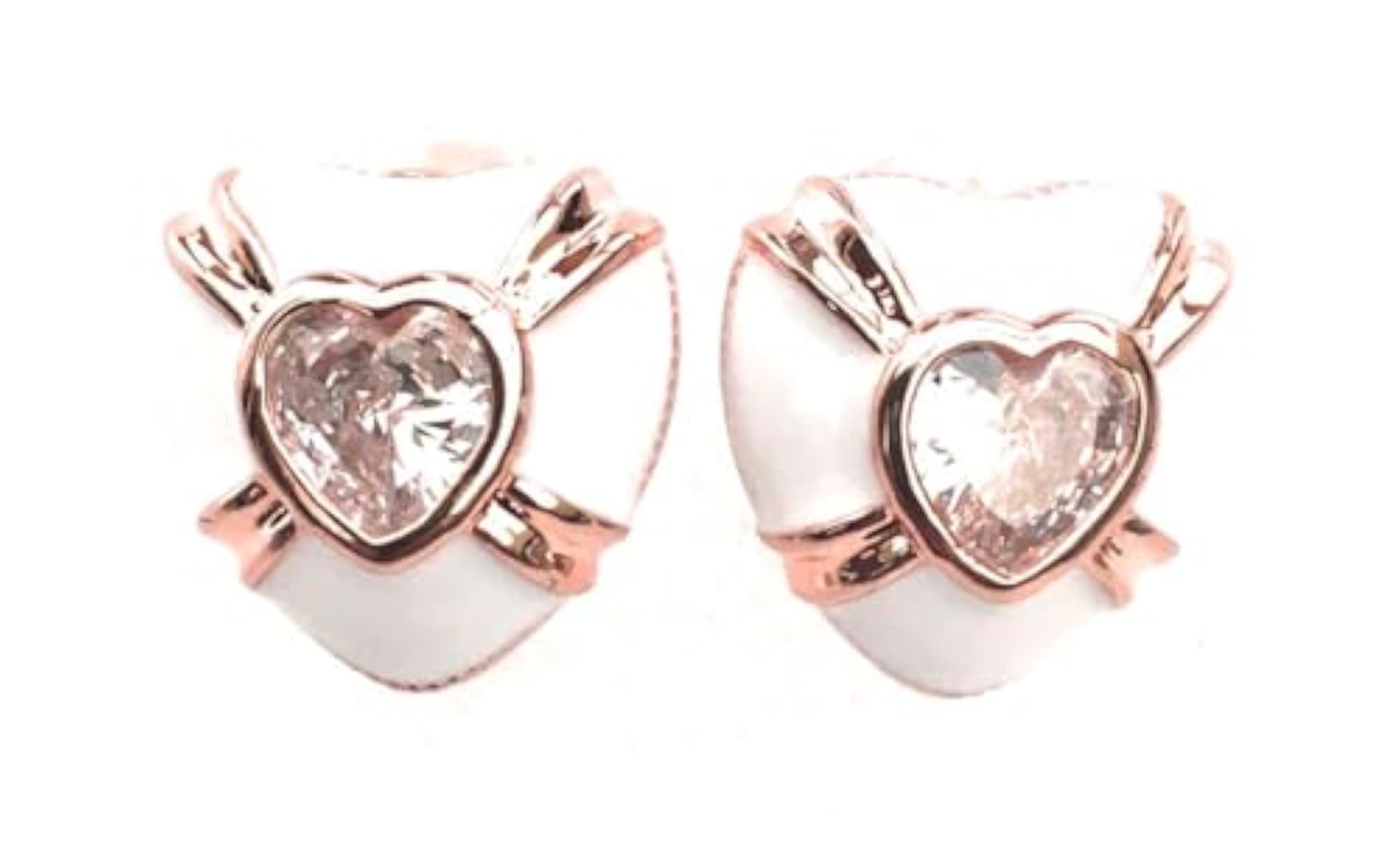 Rose Gold Heart Shape Stud Earrings with White Enamel, Elegant Design