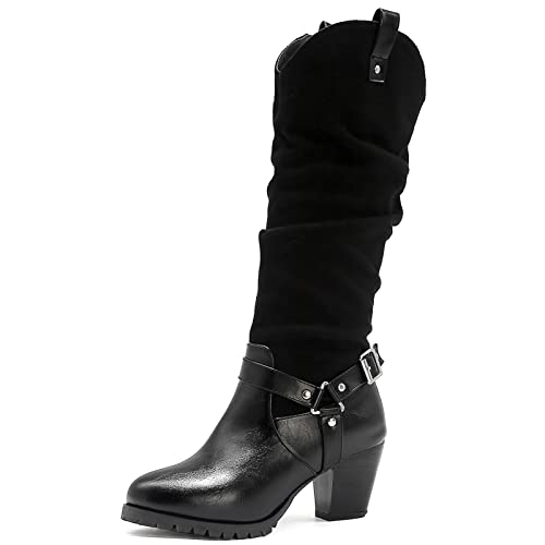 Klarmar Donna Knee High Block Stivali Loose Stivali con Imbracatura Punta Rotonda Western Senza Chiusura Retrò Stivali Alti Tacco Medio Nero Numero 35 EU/22.5CM