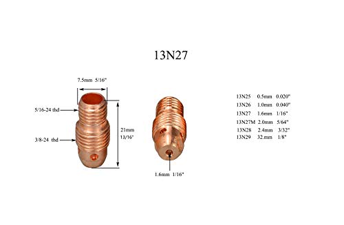 Image of RIVERWELD TIG Welding Collet Bodies 13N27 1 /16 inch 1.6mm WP 9 20 25 10pcs