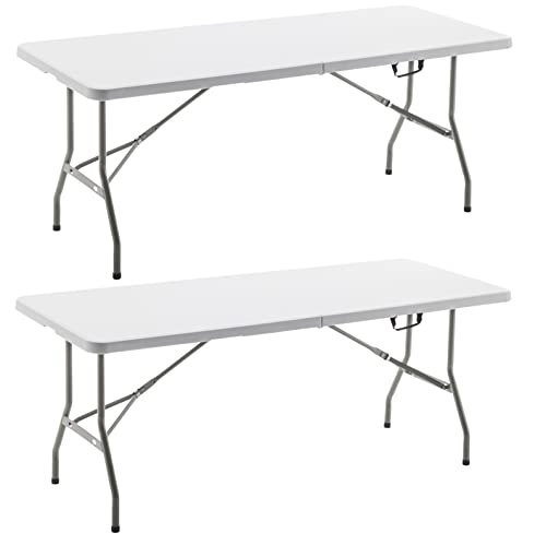 Image of BTExpert Set of 2, Fold-in-Half Folding Utility Table 6 Feet 72 inchx 29.5 inch Lightweight Portable Carrying Handle Indoor Outdoor Picnic Camping Office Home Party Wedding Event Easy Clean Store Care White