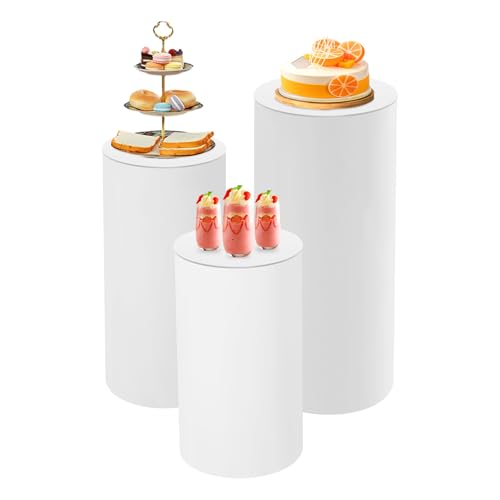 LSYSGSB Cylinder Pedestal Stands 3Pcs White Round Cylinder Pedestal Display Plinth Pillars for Wedding Party Decor 35.4''(L),29.5''(M),23.6''(S)