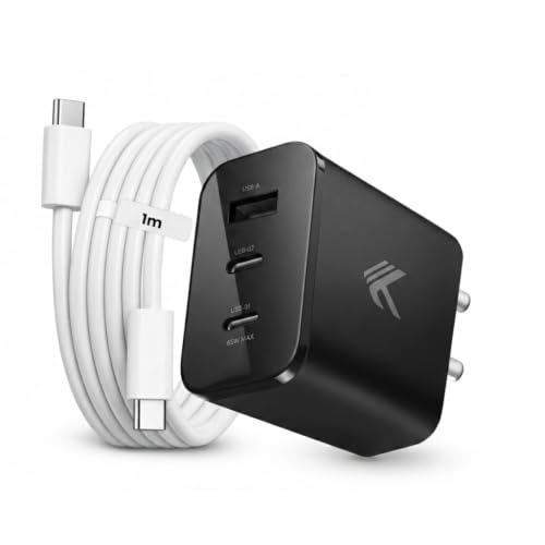 Image of KARWAN Original 65W GaN Charger with Cable, 3 Multi Port Adapter for iPhone,iPad,Samsung,Nothing,Google Smartphones,Tablet & More,Compact Rapid Superfast Charger with Gan,QC 3.0,PD-3.1,PPS Technology