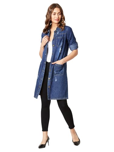 Image of Miss Chase Women's Polo Neck Full Sleeves Patch Pocket Denim Overcoat Knee-Length Jacket