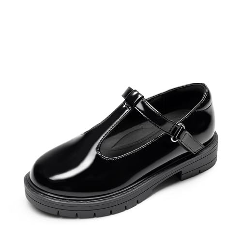 DREAM PAIRS Girls Mary Jane Dress Shoes Chunky Platform School Uniform Shoes T-Strap Oxfords Loafers Star Flats 10 Toddler All Black