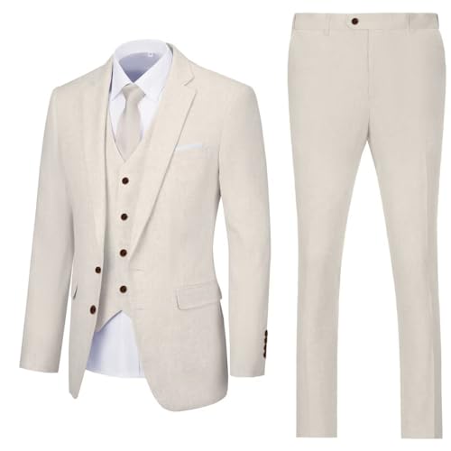 Retro Linen Mens Suit 3 Pieces Light Weight Casual Linen Summer Slim Fit Suits Tuxedo Jacket Blazer Vest Pant for Men4
