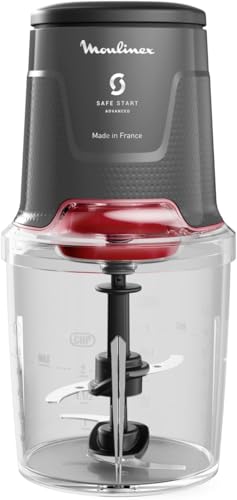 Moulinex Easy Press, Picadora de alimentos, 600 W, Capacidad de 500 ml, 4 cuchillas afiladas de acero inoxidable, Tecnología Safe Start Advanced, 3 funciones, Apta lavavajillas, Gris, AT740HF1