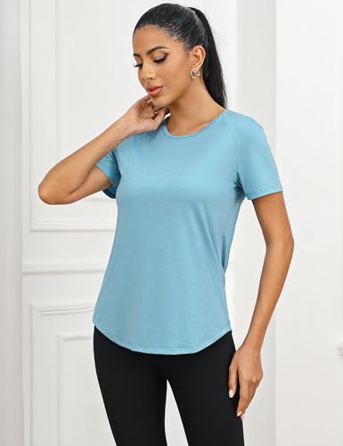 Wayleb Camiseta Deportivo Mujer Suelta Transpirable Camiseta de Manga Corta Yoga Fitness Top Ropa Deportiva Camisetas Redondo Gym Tops Deportivos Cuello