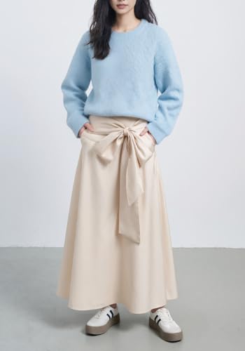 Famnbro Womens Satin Maxi Skirt High Waist Tie Front A-Line Novelty Elegant Work Business Swing Skirts with Pocket2