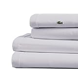Lacoste 100% Cotton Percale 3-Piece Sheet Set – Cool, Crisp, Matte, and Durable, Oeko-Tex Certified – Solid, Light Grey, Twin XL