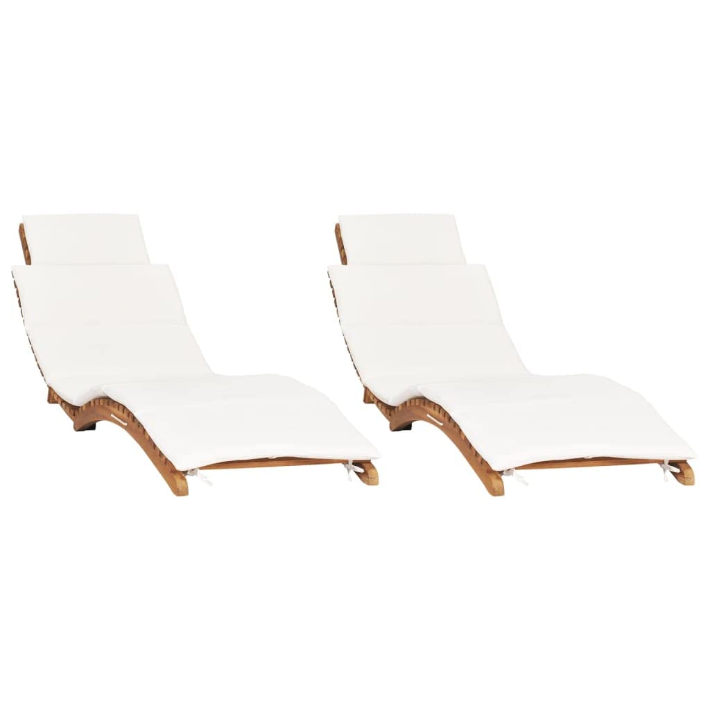 Lettini Prendisole 2 pz con Cuscini in Legno Massello di Teak per Esterno, Pieghevoli Regolabili, Letto Solarium da Giardino, Relax in Balcone o Patio, 175x50x55 cm, Bianco Crema