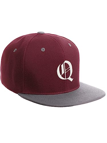 Daxton Classic Snapback Hat Old English Font Alphabet A to Z Flat Bill Visor Cap, Burgundy Light Grey Hat, White Q