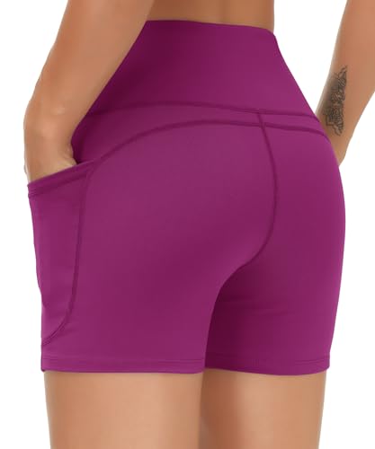 Image of THE GYM PEOPLE High Waist Yoga Shorts for Women's Tummy Control Fitness Athletic Workout Running Shorts with Deep Pockets