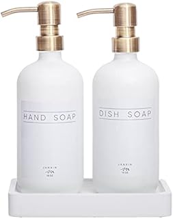 Janxin Glass Soap Dispenser for Kitchen with Stainless Steel Pump and Wood Tray, Modern Bathroom Soap Dispenser with Waterproof Labels for Hand Soap, Dish Soap, Lotion(White Bottles+Gold Pumps)