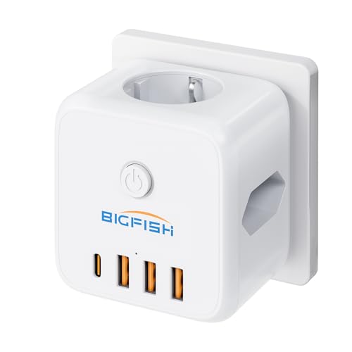 Bigfish Steckdosenleiste mit USB C, Mehrfachsteckdose mit 4 USB, Steckdosenwürfel ohne Kabel, Mehrfachstecker für Steckdose mit Schalter, 3 Fach Steckdosenadapter für Büro, Zuhause