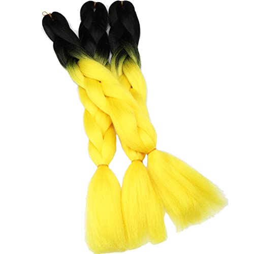 Jumbo Braiding Hair Attachment Ombre Yellow Color 3Pakcs Synthetic Box Braids Hair Extension 24Inch Crochet Braids (Black And Yellow) #TOP3