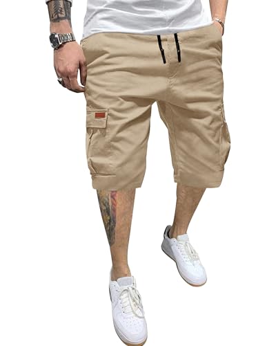 YAOHUOLE Shorts Homme Coton Taille Elastique Cargo Shorts Grande Taille Shorts Kaki XL