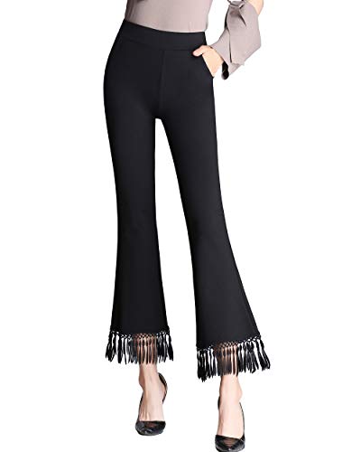 Women's High Waist Bell Bottom Tassel Flare Cropped Pants Plus Size Stretch Wide Leg Capri Pants