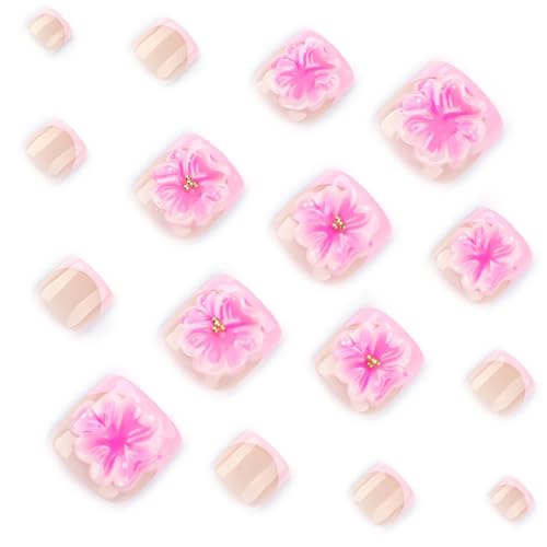 Image of Pink 3D Flower Press on Toenails Short Square Fake Toe Nails with Floral Design Glossy Full Cover Pink French Tip Stick on Toenails for Women Spring Manicure 24Pcs