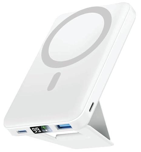 CENOKA – Magnetic Wireless Charging Portable Power Bank with Stand 1000mAH – Fast Charging, USB-C, USB – Compatible with 12/Pro/Max/13/14/15 - White