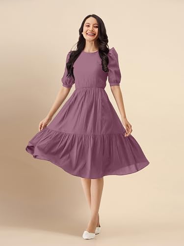 Image of TRENDMALLS Dress for Women Cotton Blend Round Neck Half Puff Sleeve Flared Pleated Midi Western Dress