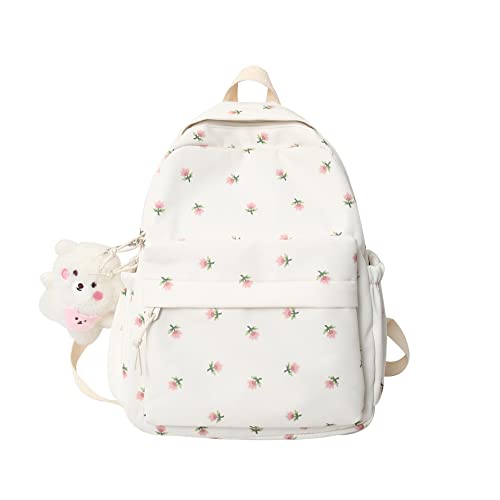 Mochila Kawaii Mori Art Floral com Pingente Mochila Estética Linda Mochila Média, Branco, Middle, Mochila Kawaii