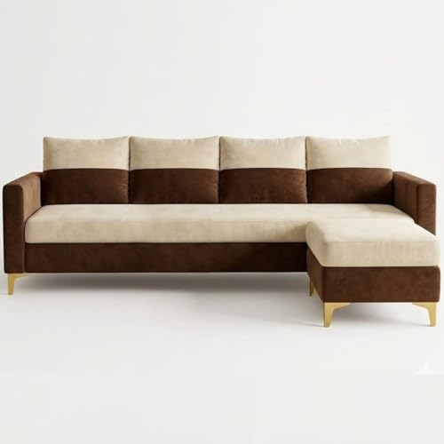 Image of FURNY Canvora 5 Seater L Shape Sofa Set with Movable Ottoman | Flexible Left or Right Layout | Plush Velvet Fabric (Cream-Brown) | Perfect for Living Room, Guest Room & Office