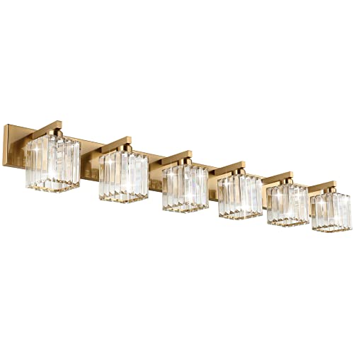 Image of Aipsun Bathroom Vanity Light Brass Crystal Vanity Lighting Fixtures 6 Light Modern Bathroom Lighting Fixtures (Exclude Bulb)