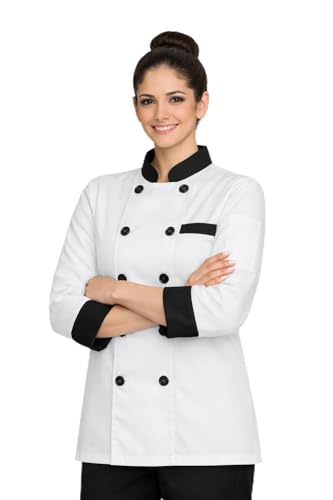 Image of Women Chef Coat for Hotel Restaurant & Kitchen Staff | White Chef Uniform with Black Piping | Professional Chef Jacket for Women