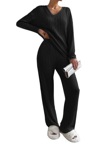 CheChury Suéter De Punto Traje Wide Leg Pantalones Y Sudaderas Conjuntos De Tejido De Invierno Mujer Color Sólido Casual Conjuntos De 2 Piezas Para Jerseys Conjunto Dos Piezas de Tejido Mujer Punto