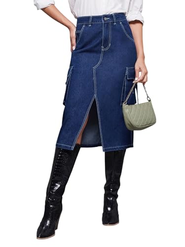 Image of Miss Chase Women's Straight-Fit High-Rise Stretchable Denim Midi Skirt