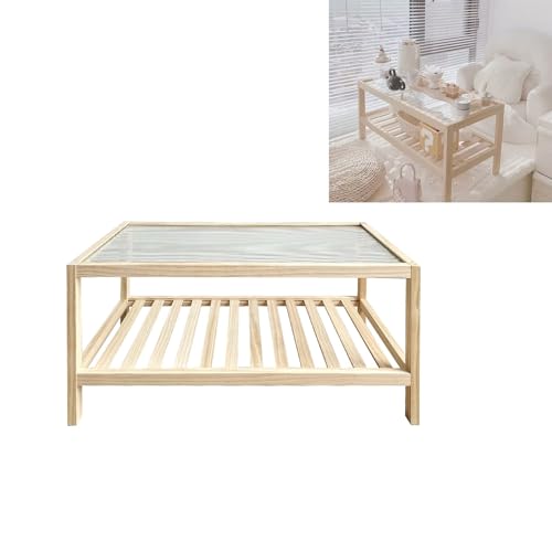 Table basse japonaise au sol en bois noble et plateau de verre raffiné