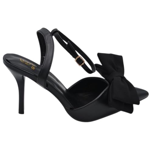  Malu Shoes Decollete Donna Slingback in Pelle Nera a Punta con Fiocco Tessuto Davanti Tacco Sottile 10 cm (38 EU)